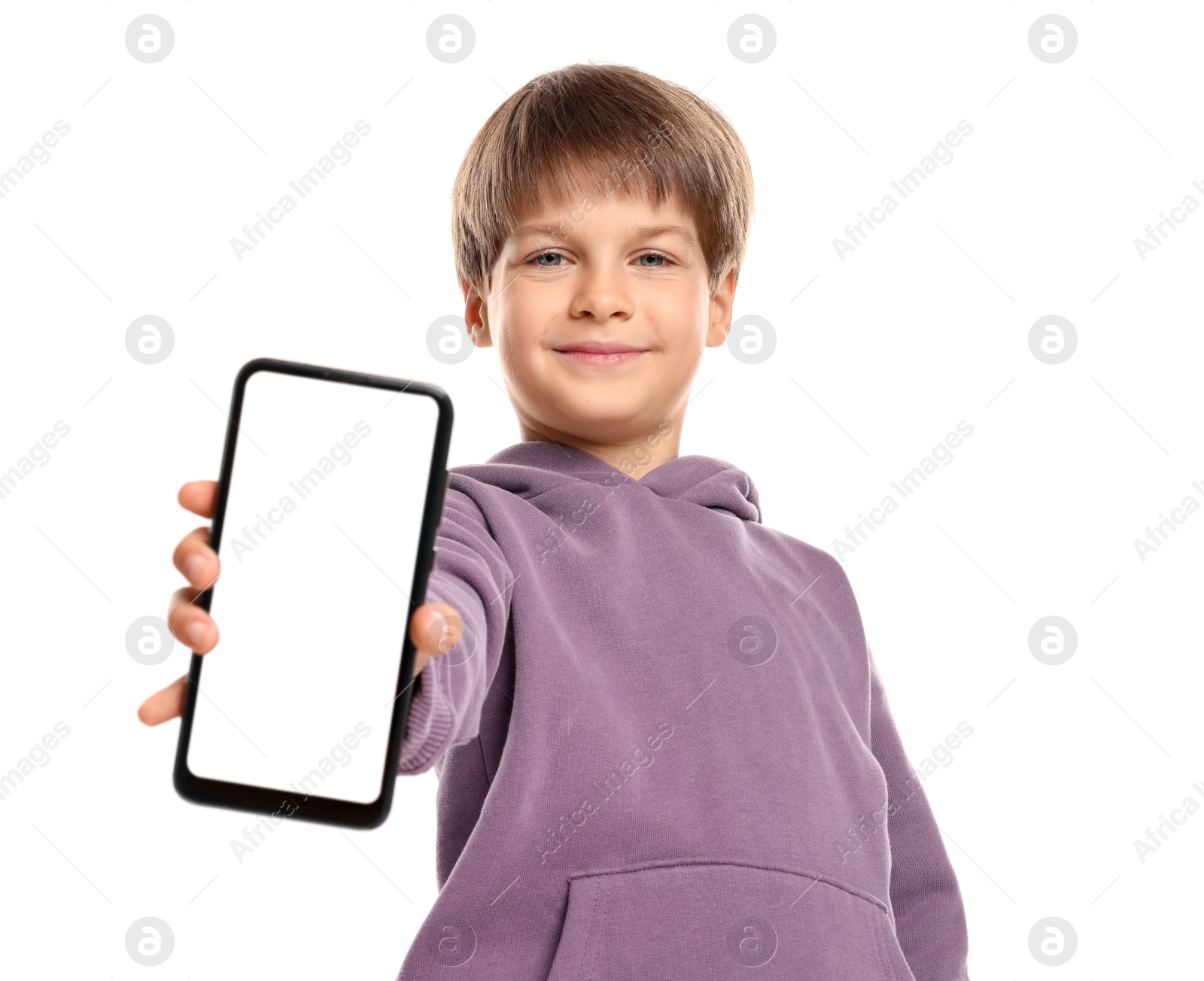 Photo of Cute little boy with smartphone on white background