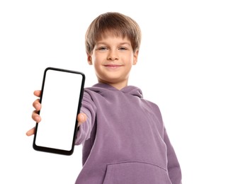 Photo of Cute little boy with smartphone on white background