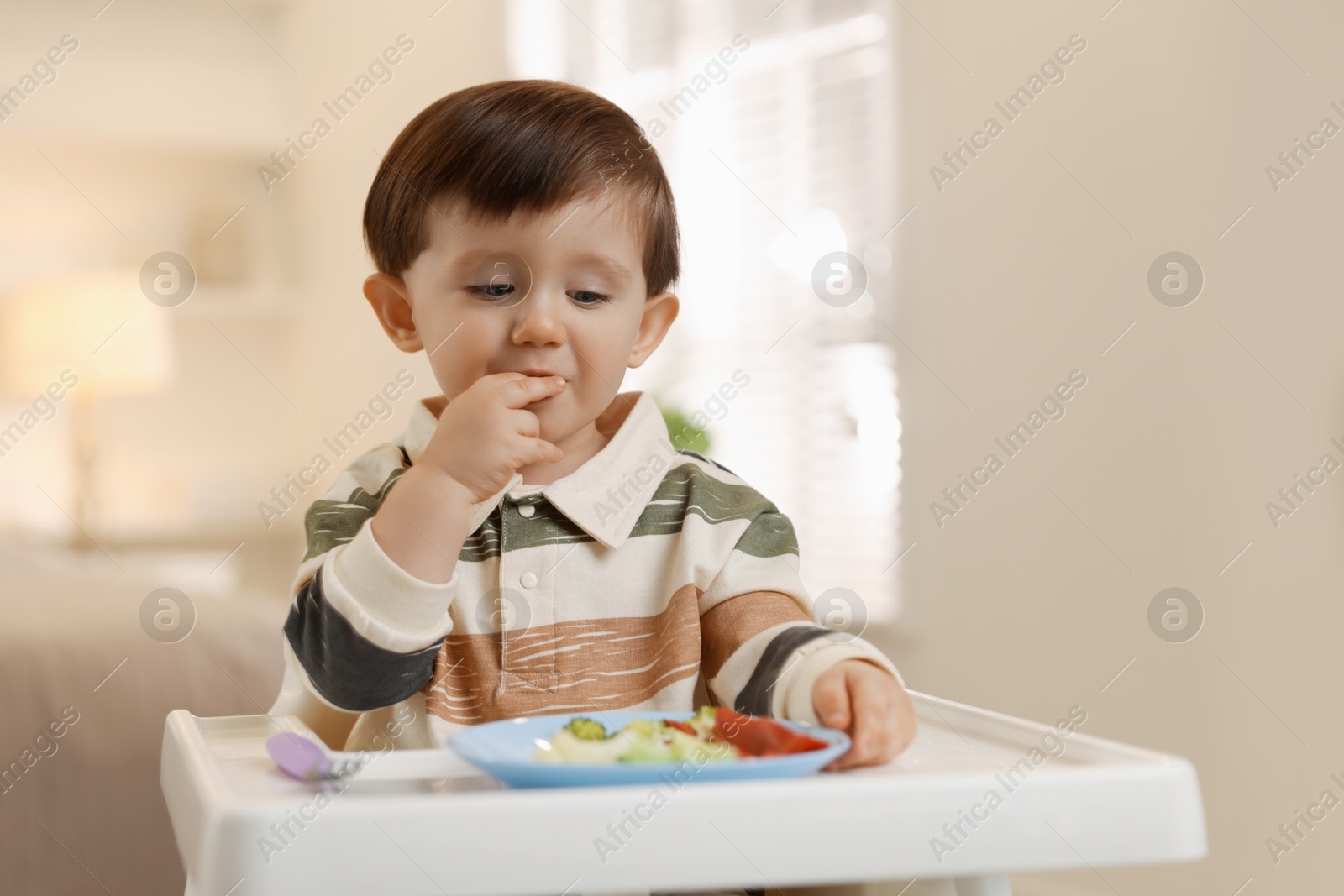 Photo of Cute little baby eating healthy food in high chair at home