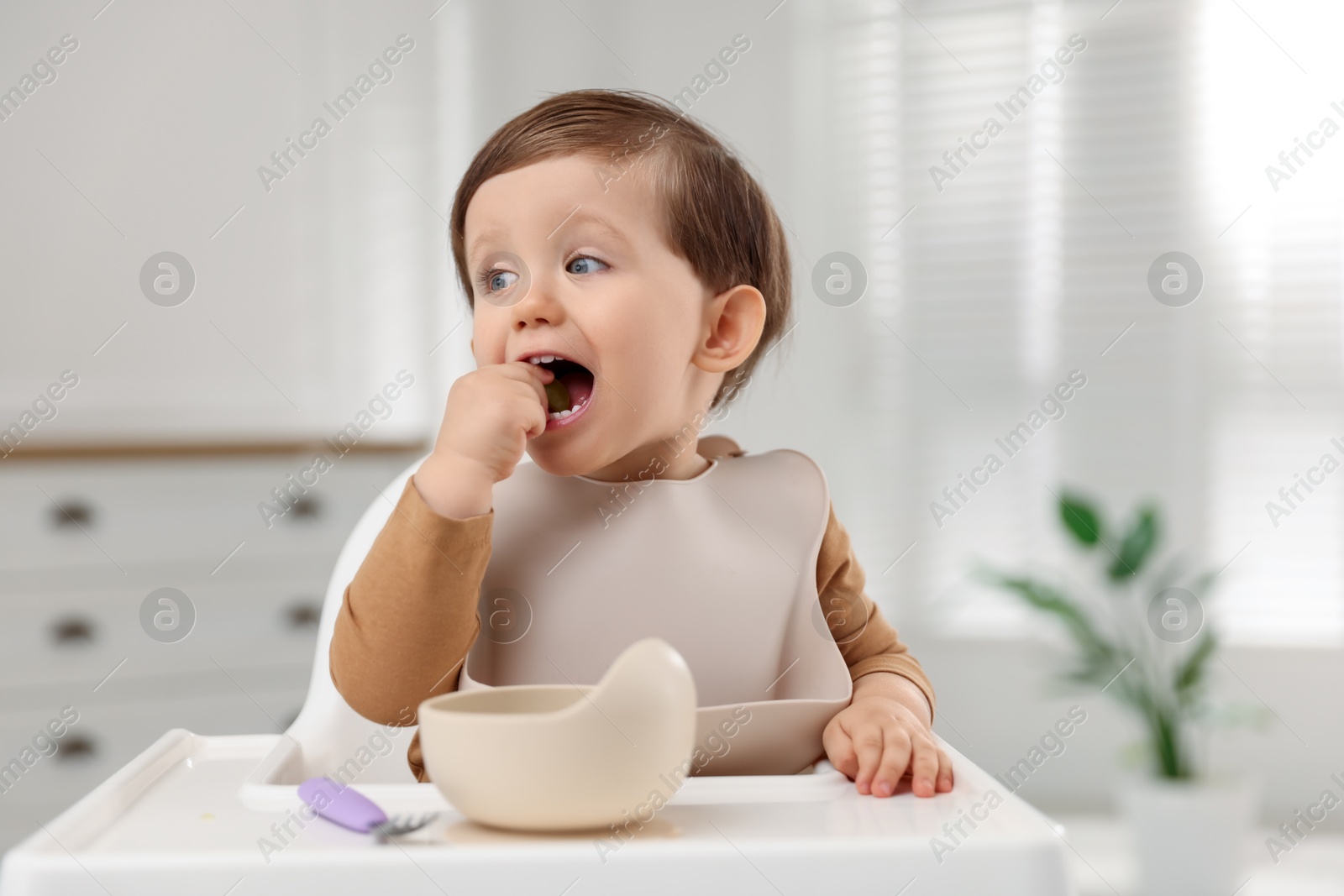 Photo of Cute little kid eating healthy baby food from bowl in high chair at home