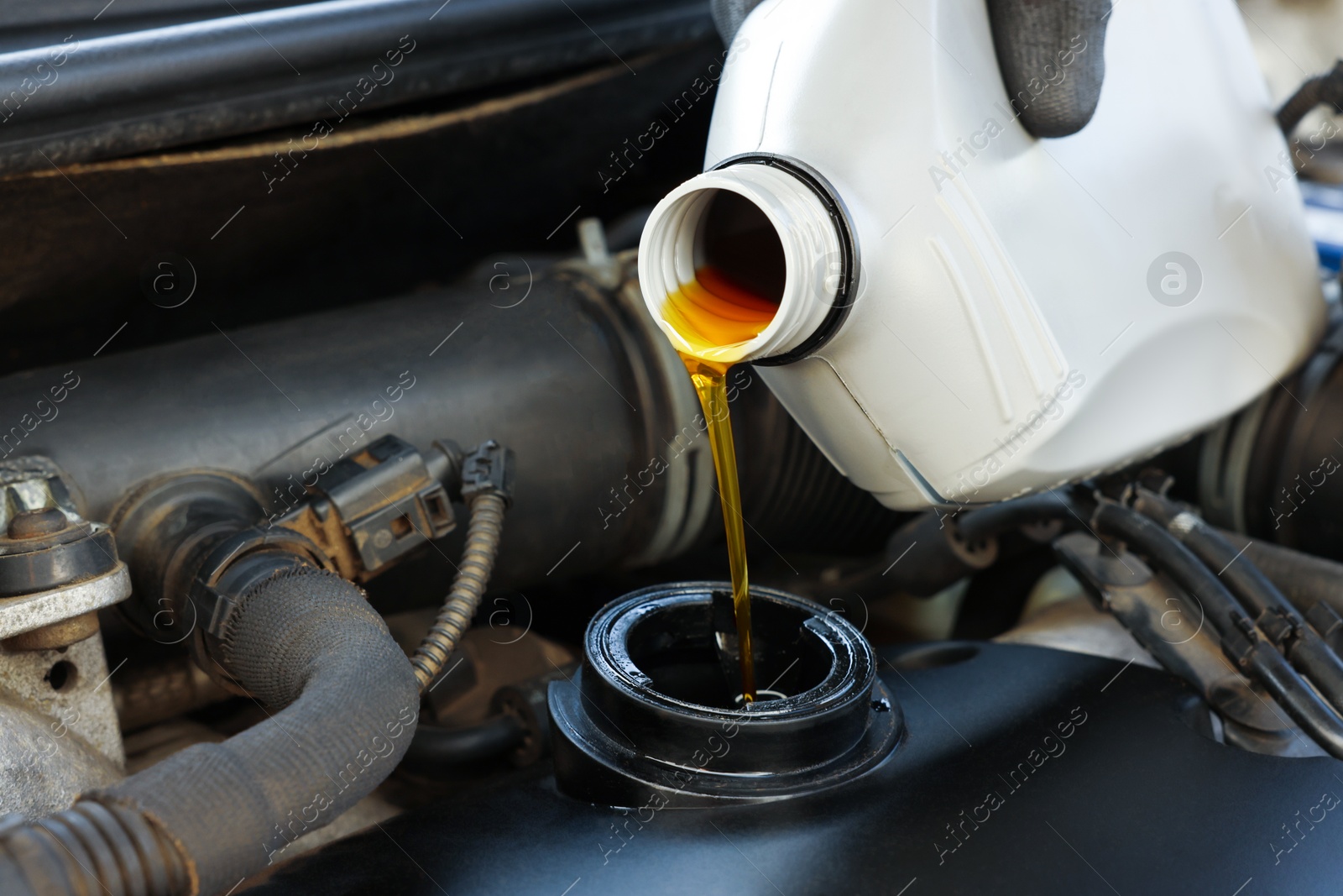 Photo of Man pouring motor oil into car engine, closeup