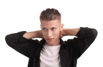 Photo of Confident young man with stylish haircut on white background