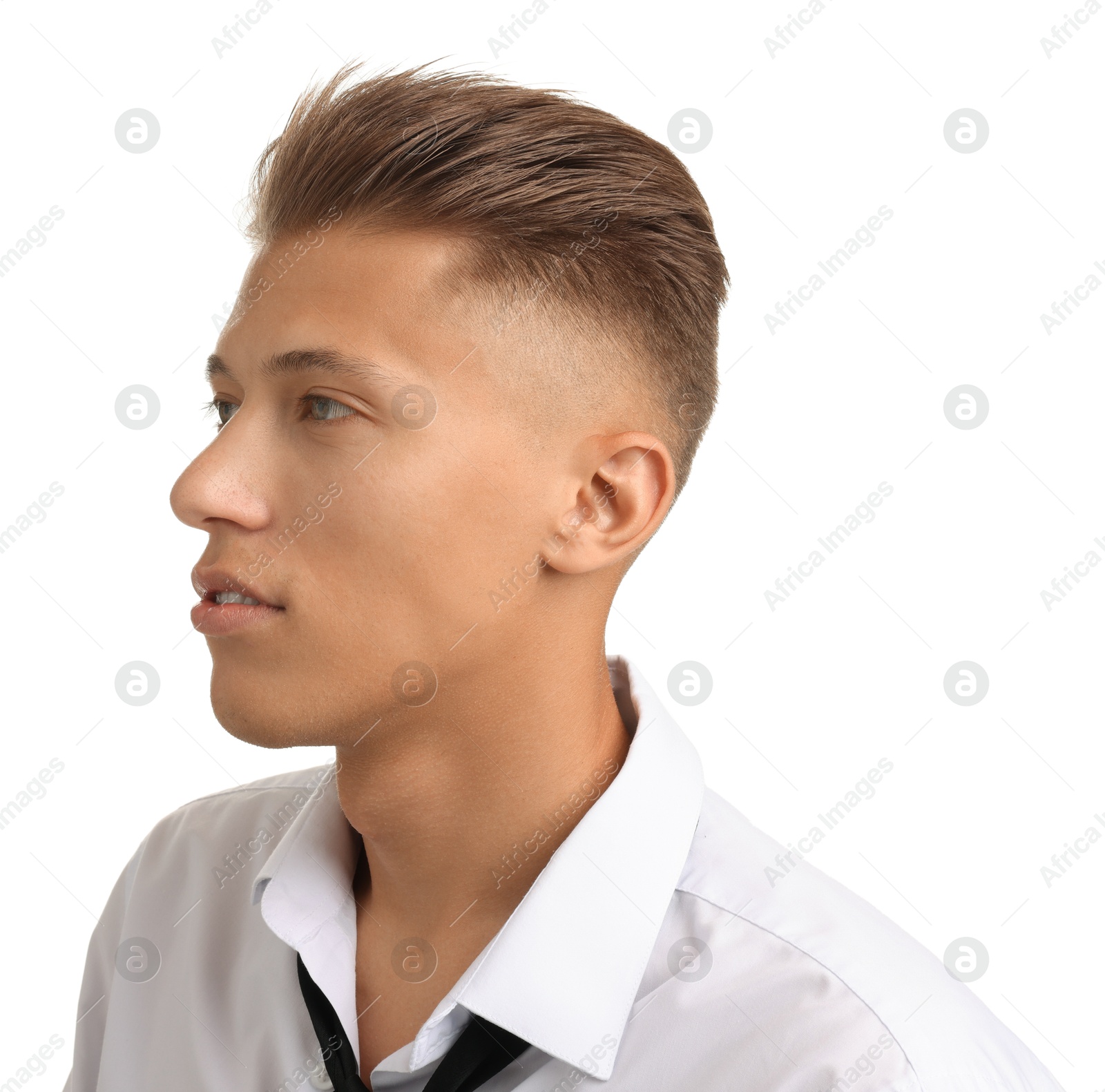 Photo of Confident young man with stylish haircut on white background