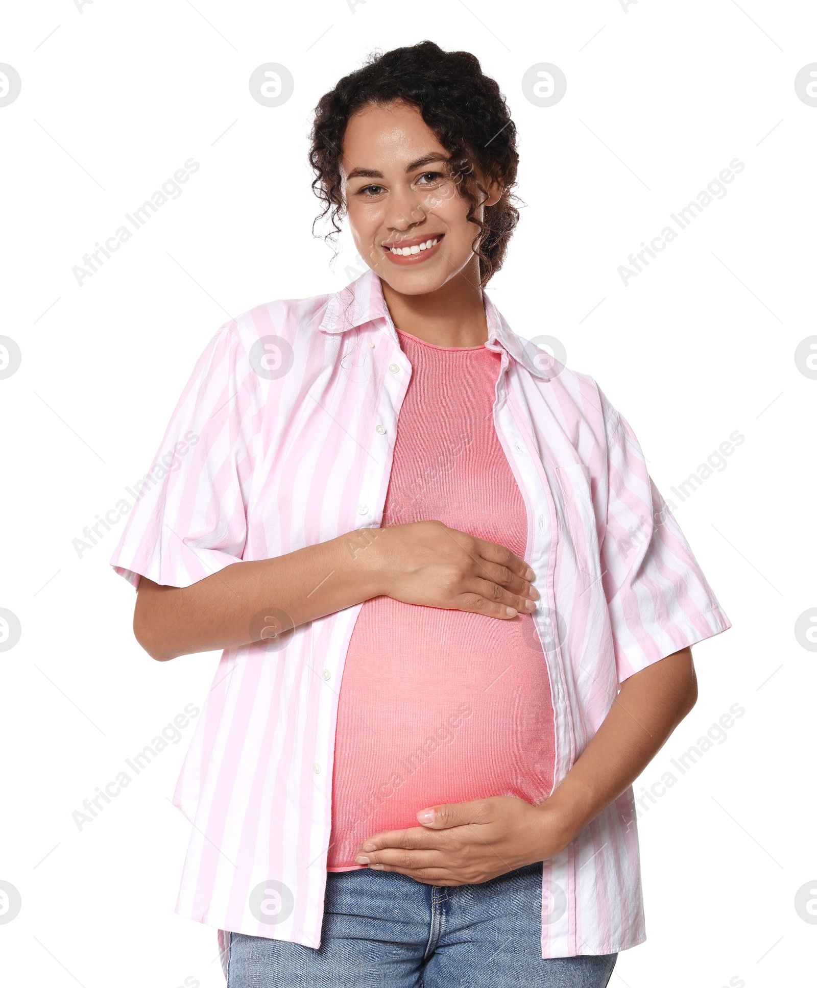 Photo of Portrait of beautiful pregnant woman on white background