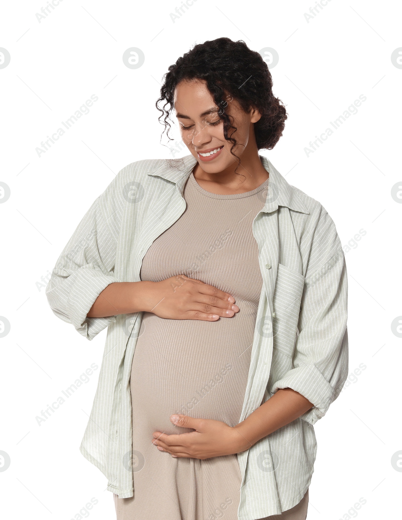 Photo of Portrait of beautiful pregnant woman on white background