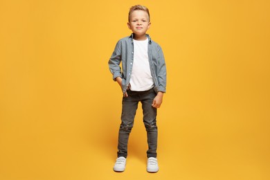 Full length portrait of little boy with stylish clothes on orange background