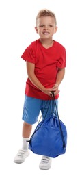 Photo of Little boy with sport's bag on white background