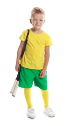 Photo of Little boy with tennis rackets on white background