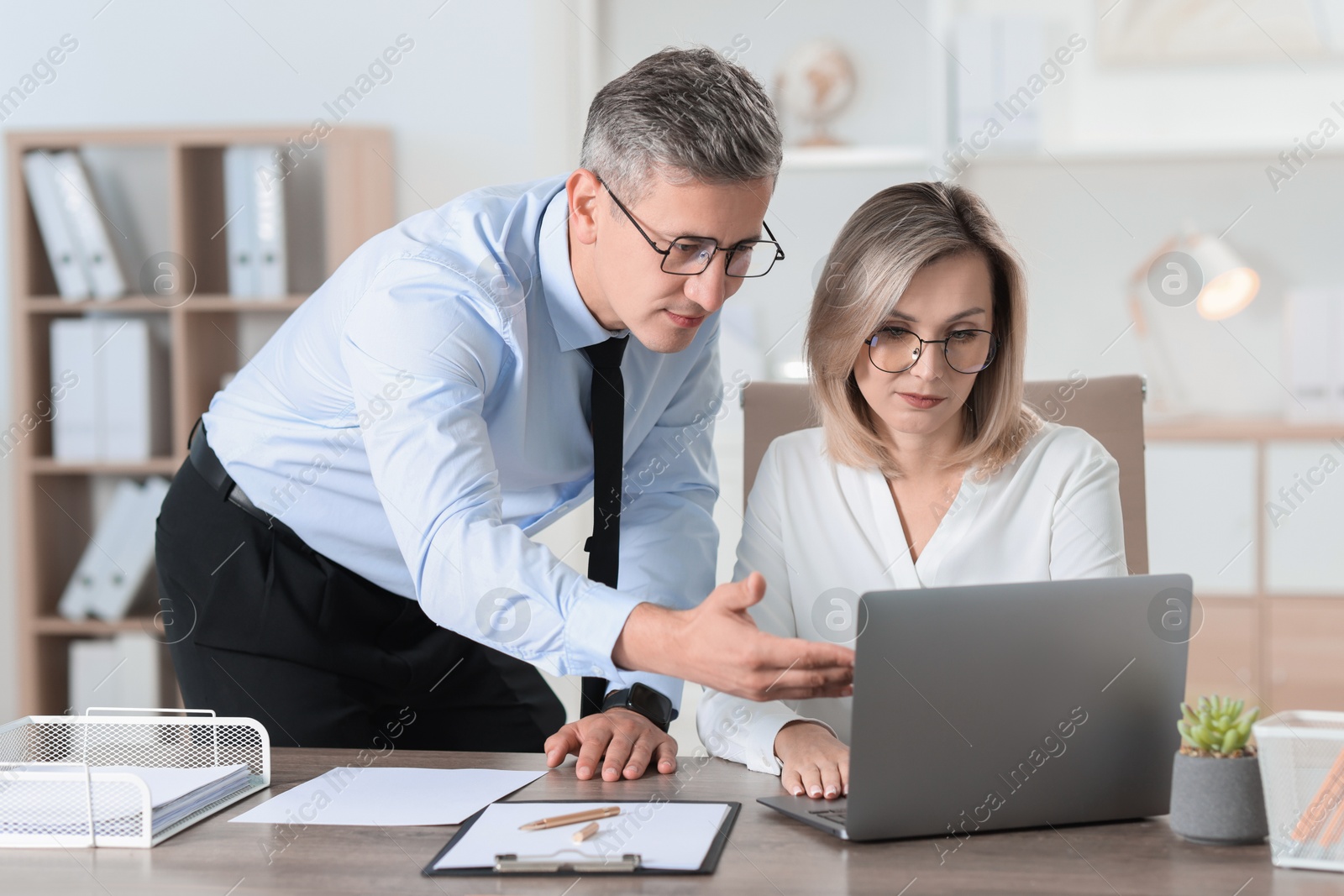 Photo of Middle aged employees working together in office