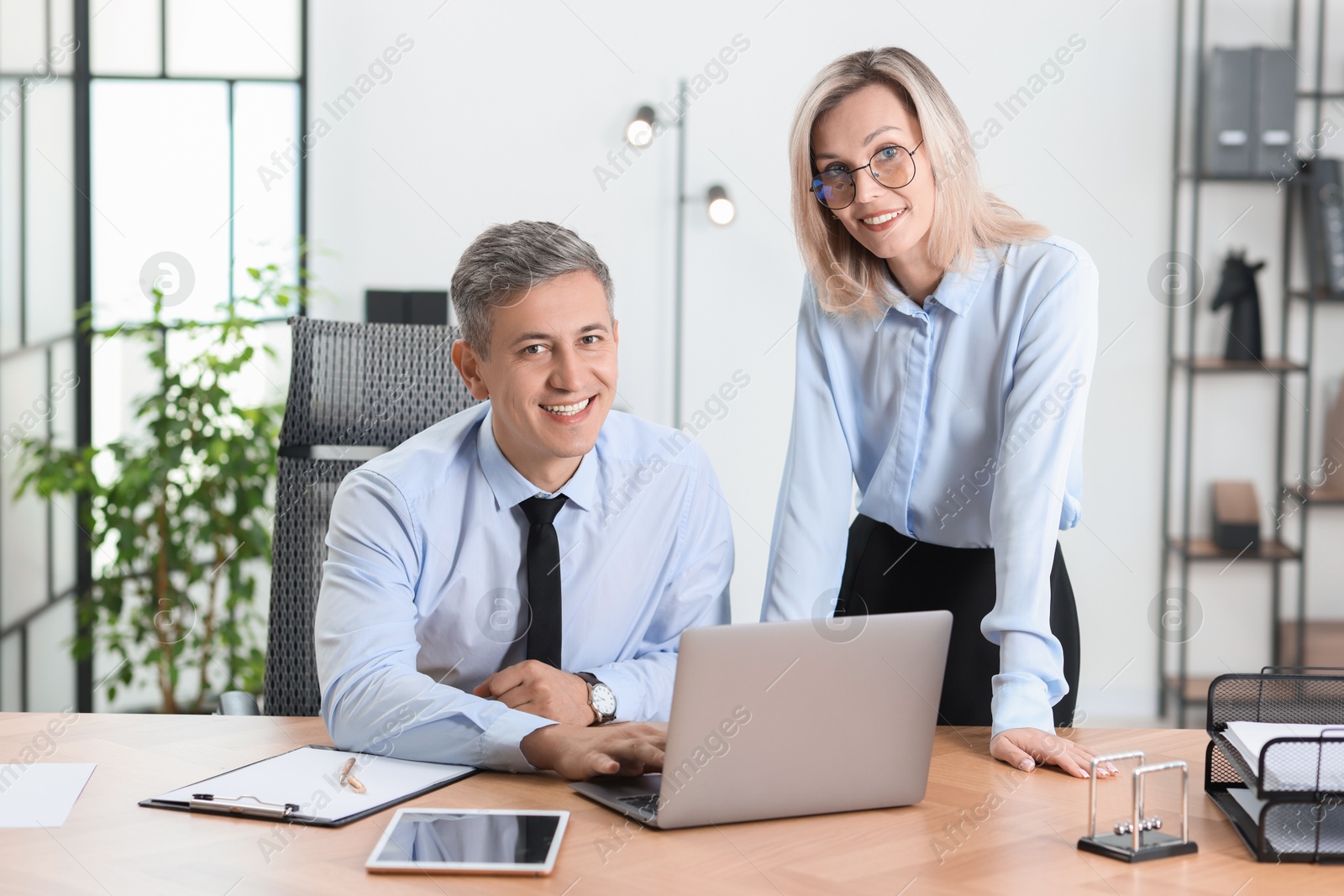 Photo of Middle aged employees working together in office