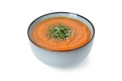 Photo of Delicious sweet potato soup with parsley and parmesan cheese in bowl isolated on white