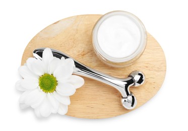 Face roller, cream and flower isolated on white, top view