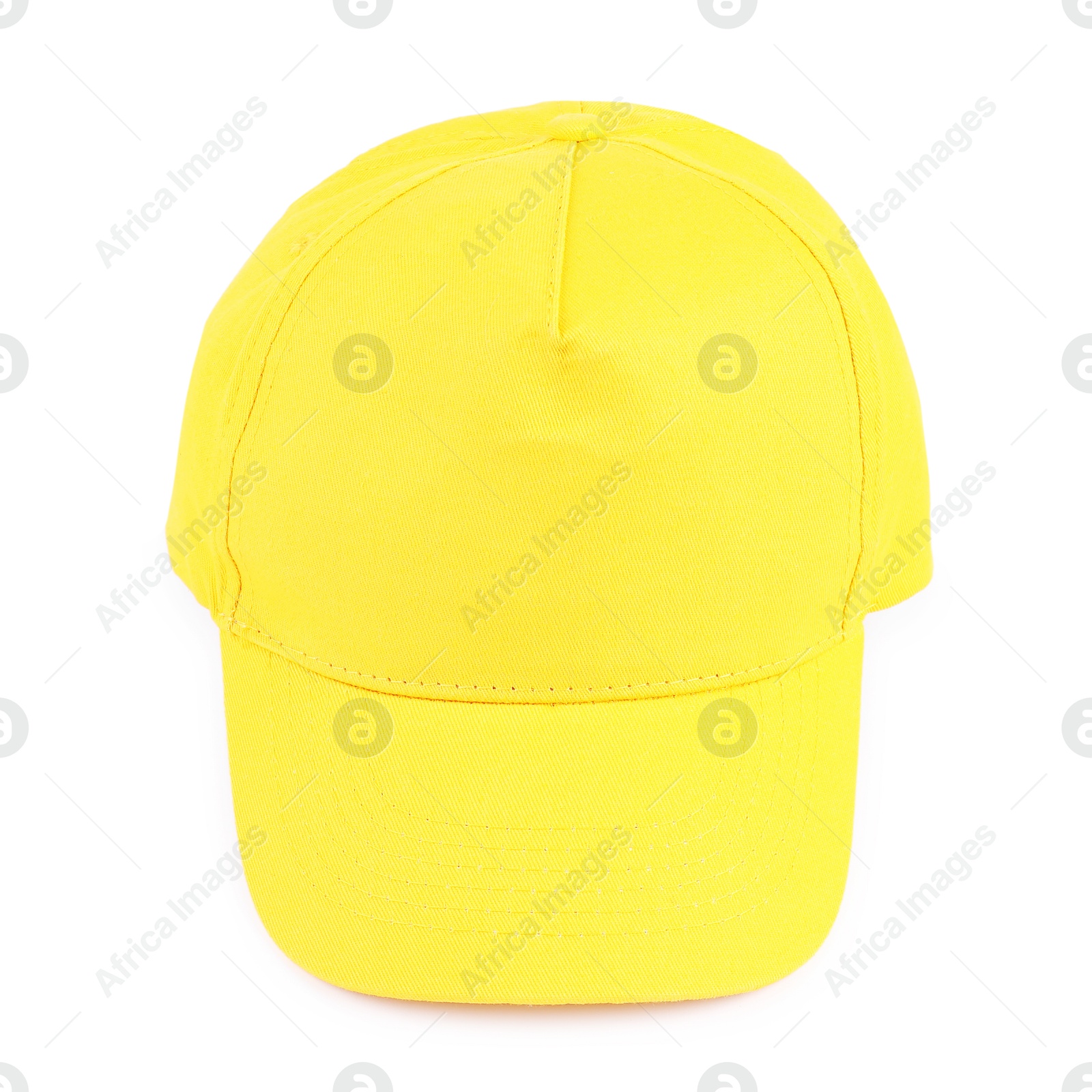 Photo of Stylish yellow baseball cap isolated on white. Mockup for design