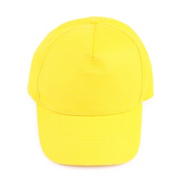 Photo of Stylish yellow baseball cap isolated on white. Mockup for design