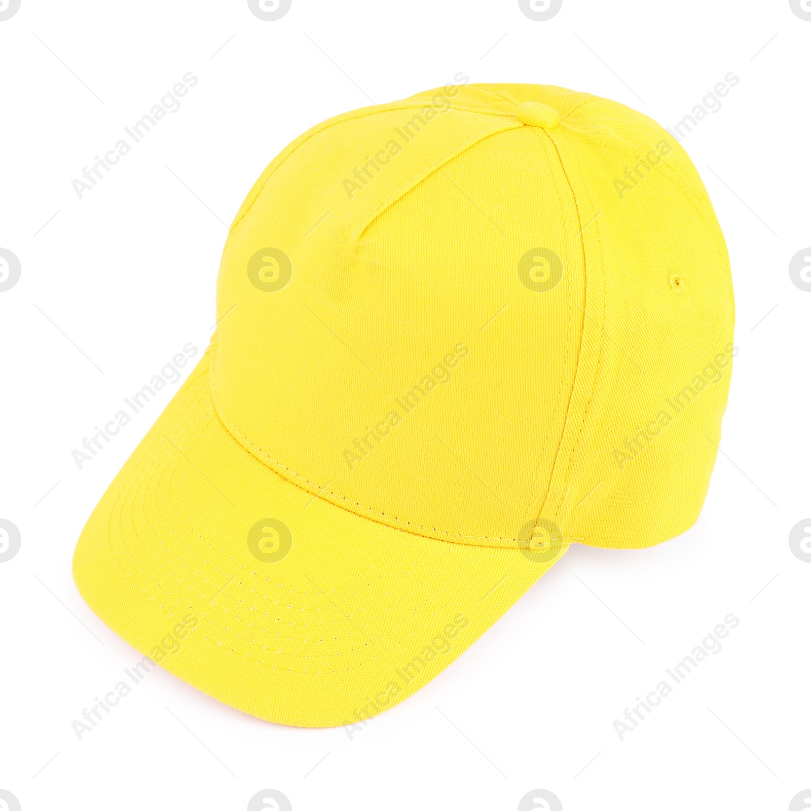 Photo of Stylish yellow baseball cap isolated on white. Mockup for design