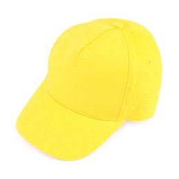 Photo of Stylish yellow baseball cap isolated on white. Mockup for design