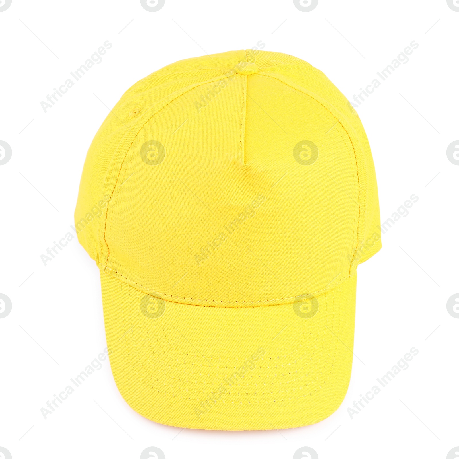 Photo of Stylish yellow baseball cap isolated on white. Mockup for design