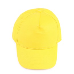 Photo of Stylish yellow baseball cap isolated on white. Mockup for design