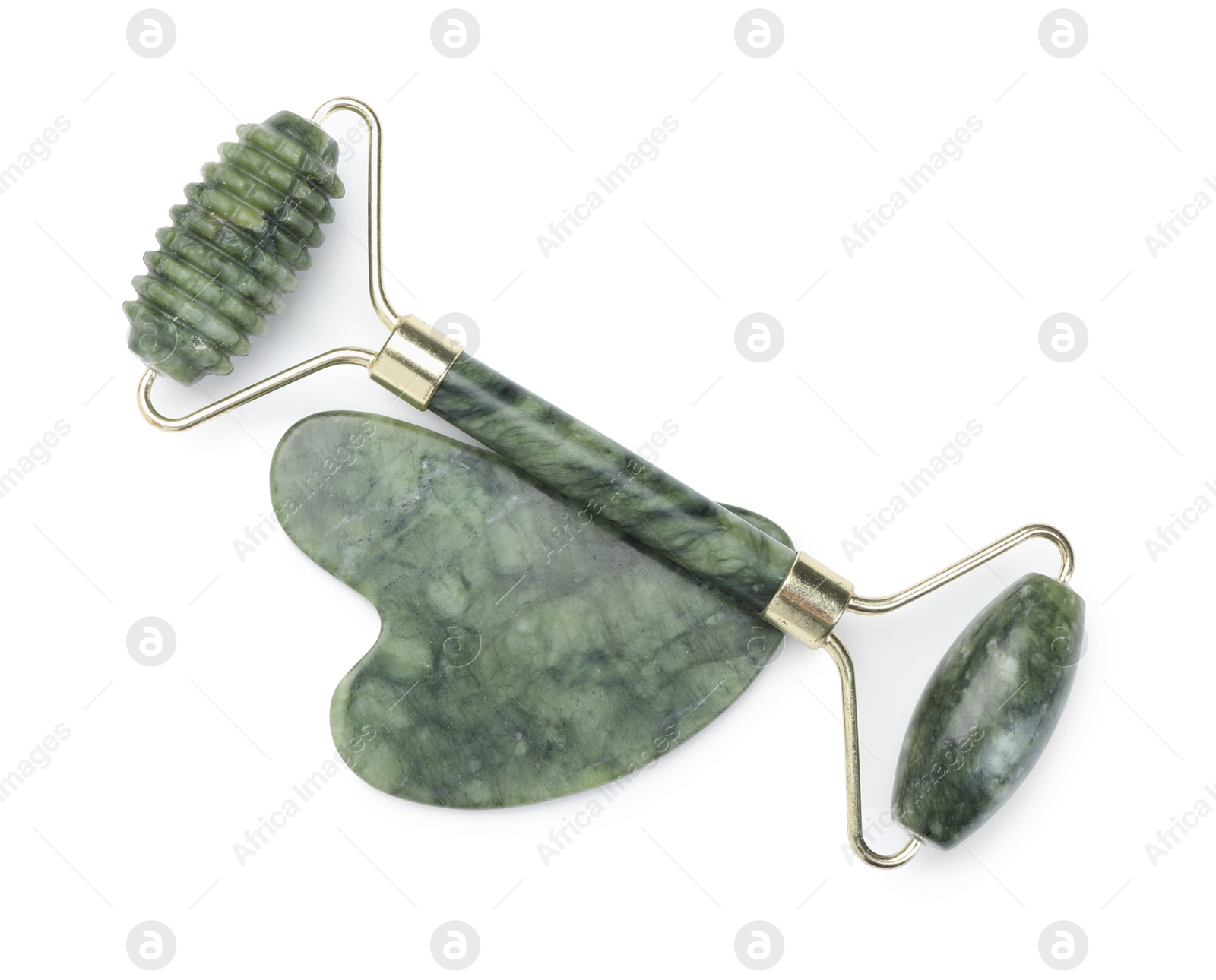 Photo of Face roller and gua sha tool isolated on white, top view