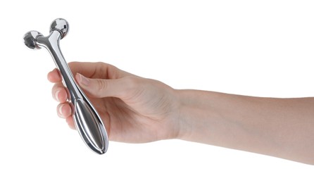 Woman holding face roller on white background, closeup