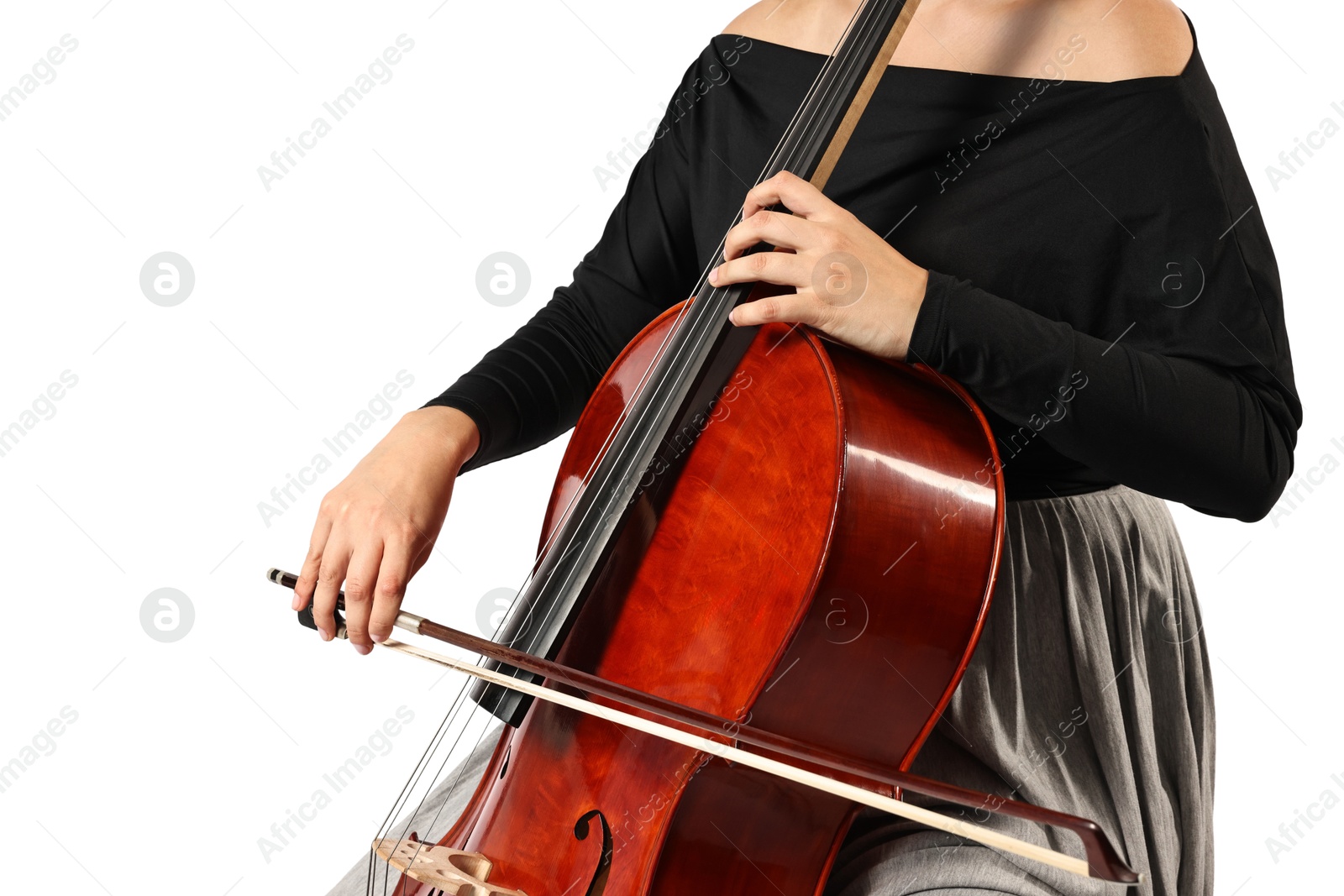 Photo of Young woman playing cello on white background, closeup