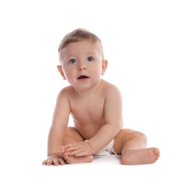 Photo of Little baby in diaper on white background