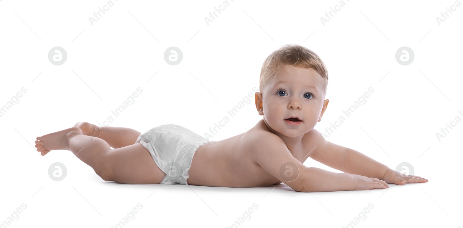 Photo of Little baby in diaper on white background