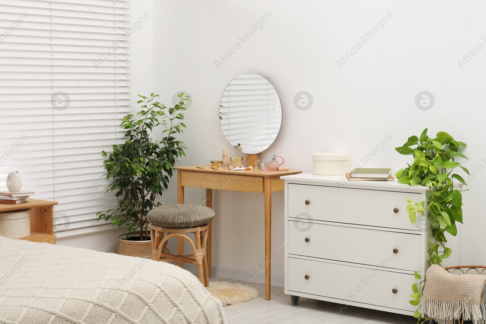 Photo of Mirror, dressing table, houseplants, bed and chest of drawers indoors. Interior design