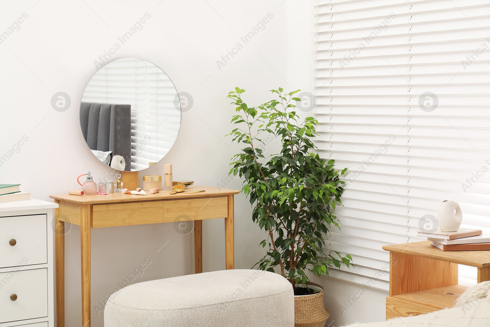 Photo of Mirror, dressing table, houseplant and chest of drawers indoors. Interior design