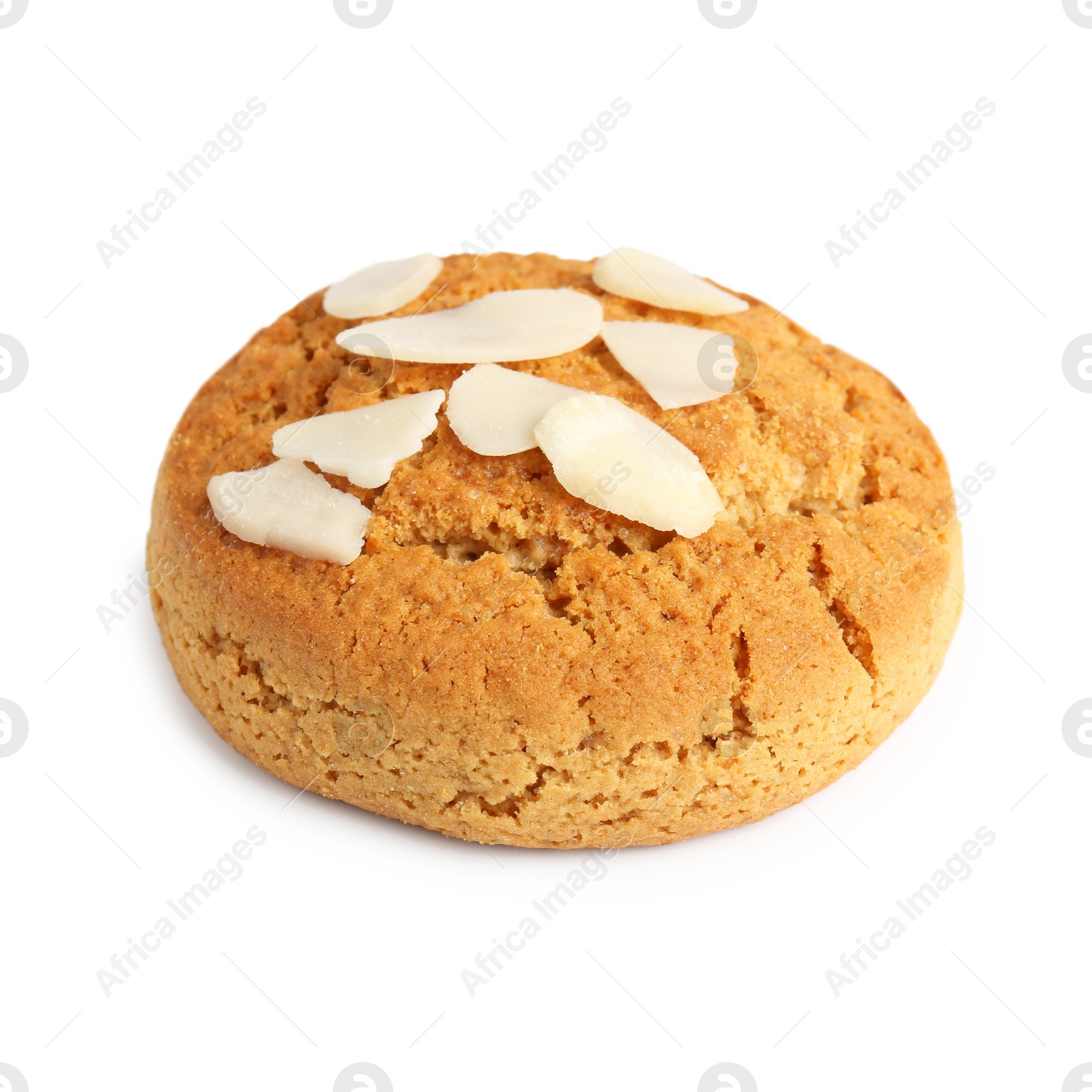 Photo of One tasty cookie with almond flakes isolated on white