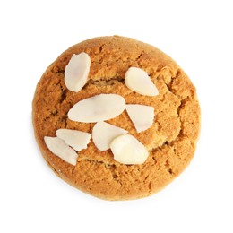 Photo of One tasty cookie with almond flakes isolated on white, top view