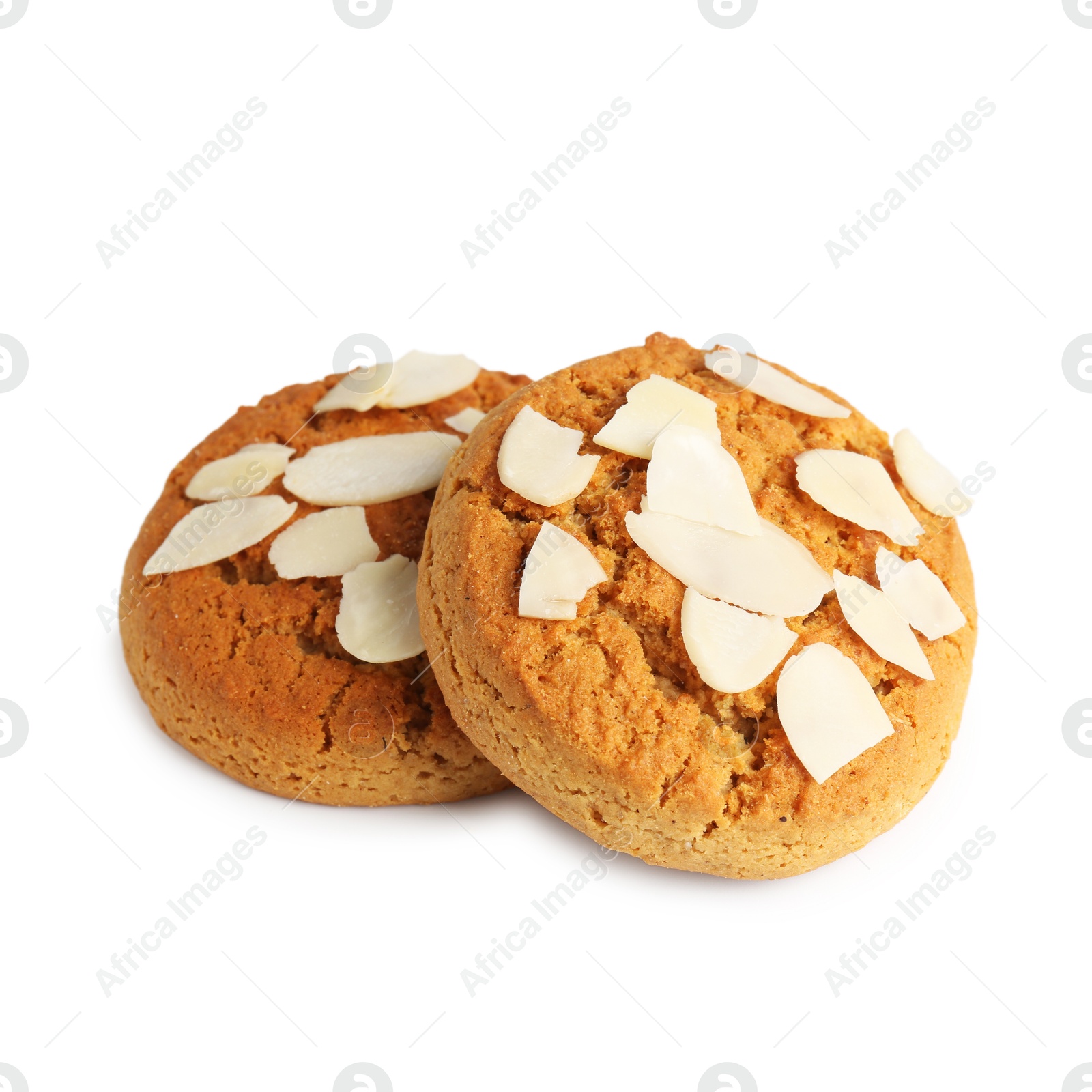 Photo of Tasty cookies with almond flakes isolated on white