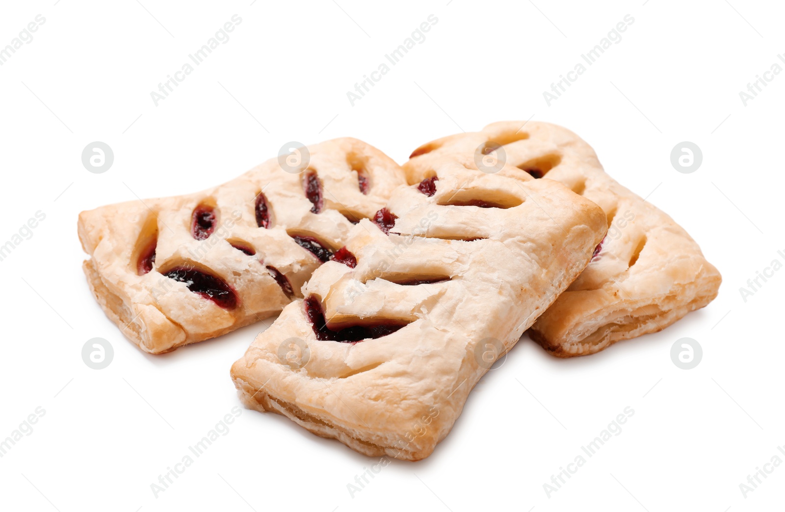 Photo of Delicious puff pastries with fruit filling isolated on white