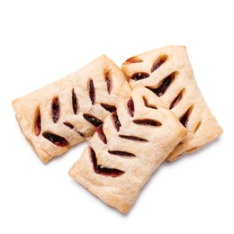 Photo of Delicious puff pastries with fruit filling isolated on white, top view