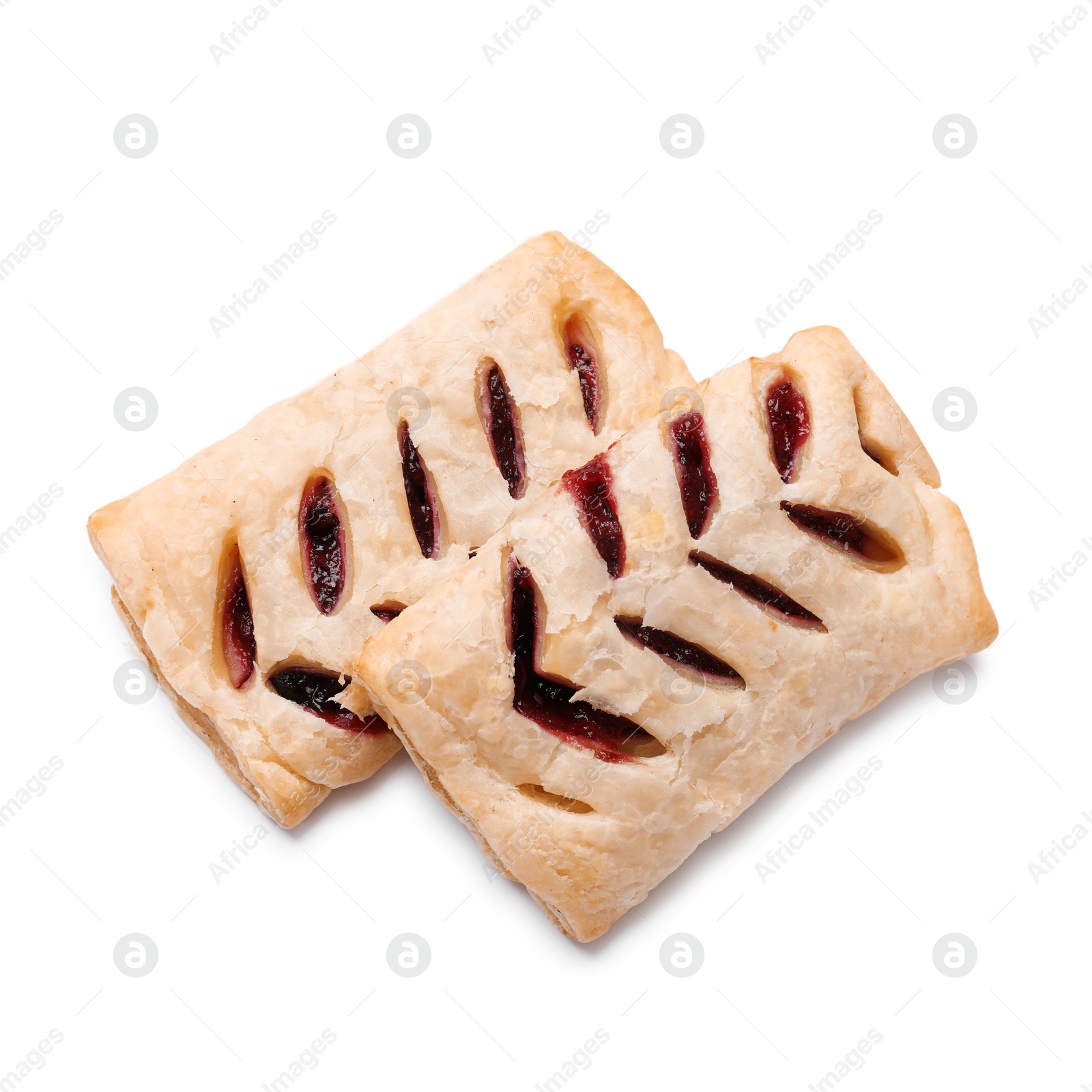 Photo of Delicious puff pastries with fruit filling isolated on white, top view