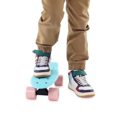 Photo of Little boy with skateboard on white background, closeup