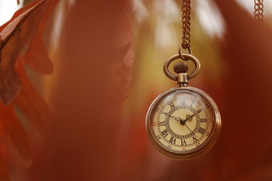 Photo of Autumn time. Chain watch hanging on tree in park, selective focus. Space for text