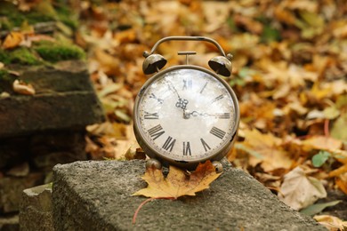 Photo of Autumn time. Alarm clock on stone in forest