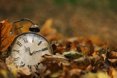 Photo of Autumn time. Vintage clock on fallen leaves in park, closeup with space for text