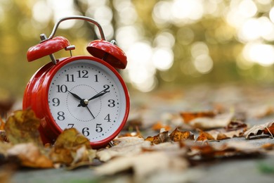 Photo of Autumn time. Alarm clock and fallen leaves on pathway in park, closeup with space for text