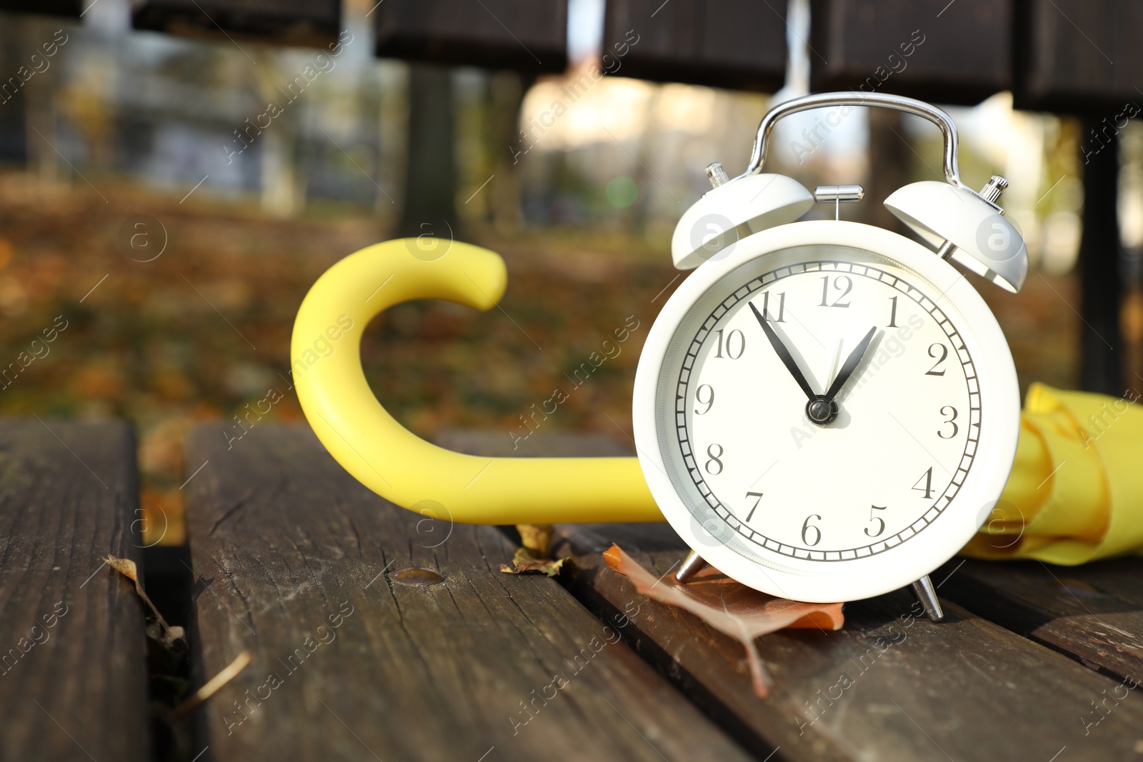 Photo of Alarm clock and yellow umbrella on wooden bench outdoors, closeup