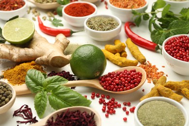 Different aromatic spices, lime and herbs on white background, closeup