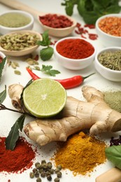 Different aromatic spices, lime and herbs on white background, closeup