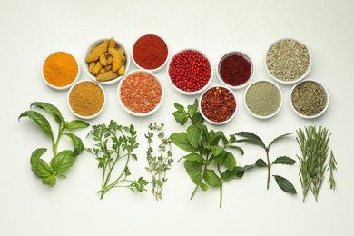 Different aromatic spices and herbs on white background, flat lay