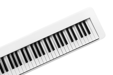 Photo of One synthesizer isolated on white, top view. Electronic musical instrument