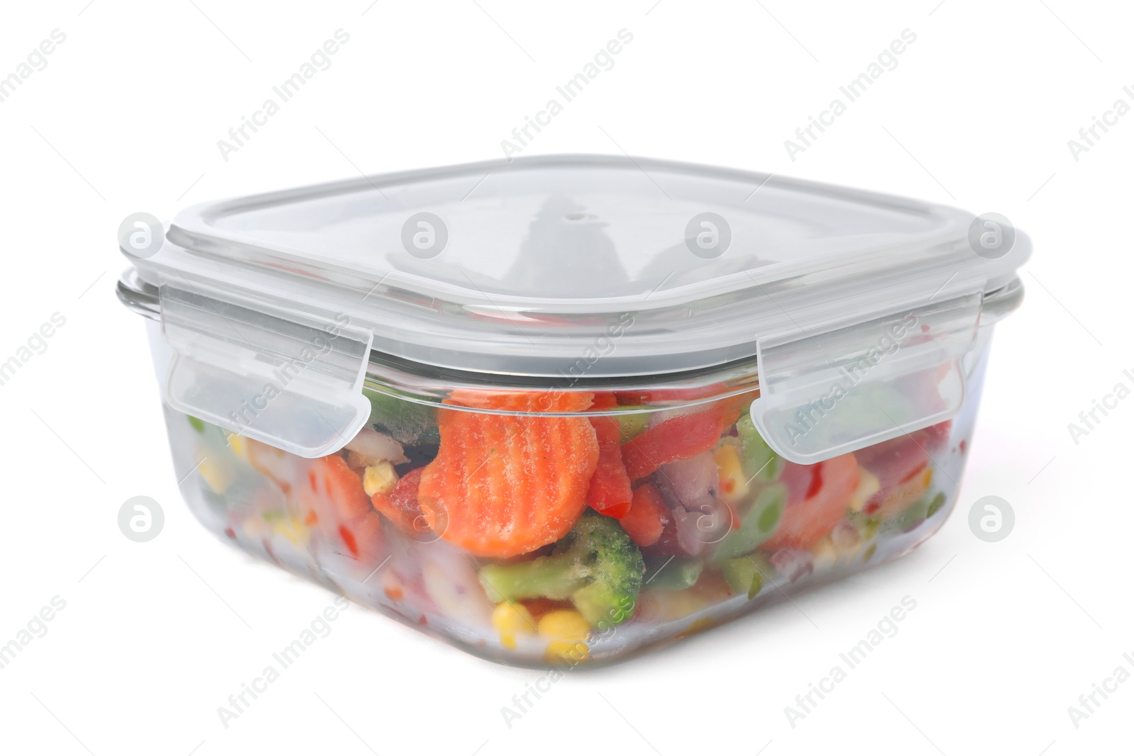 Photo of Mix of frozen vegetables in container isolated on white