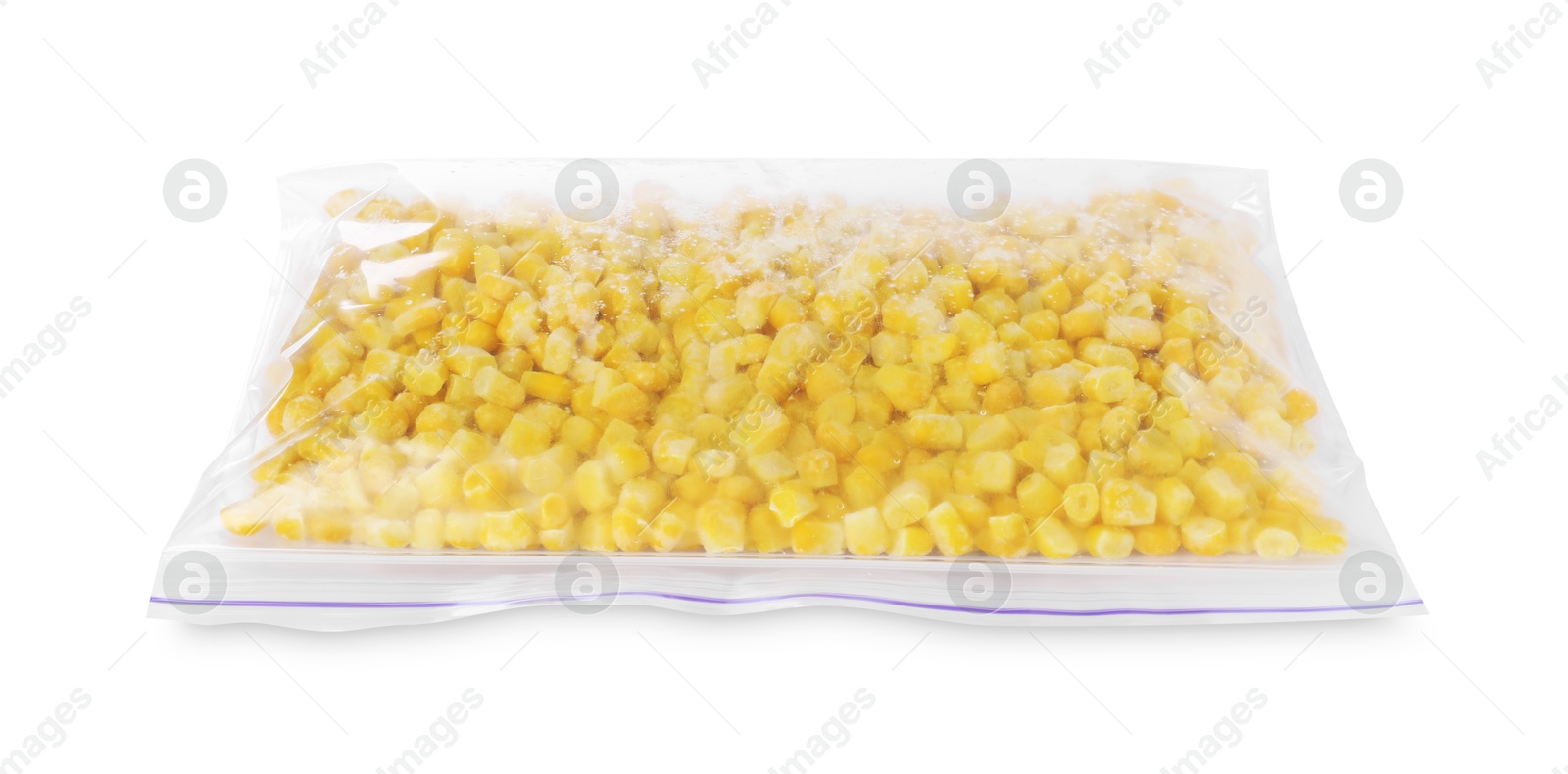 Photo of Frozen corn kernels in plastic bag isolated on white