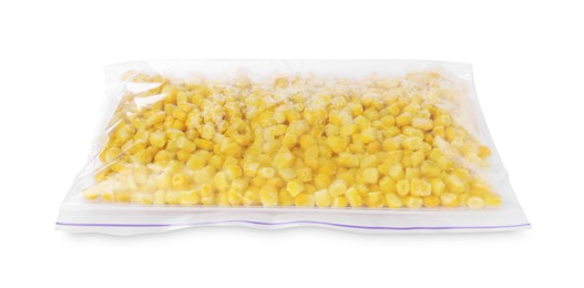 Photo of Frozen corn kernels in plastic bag isolated on white