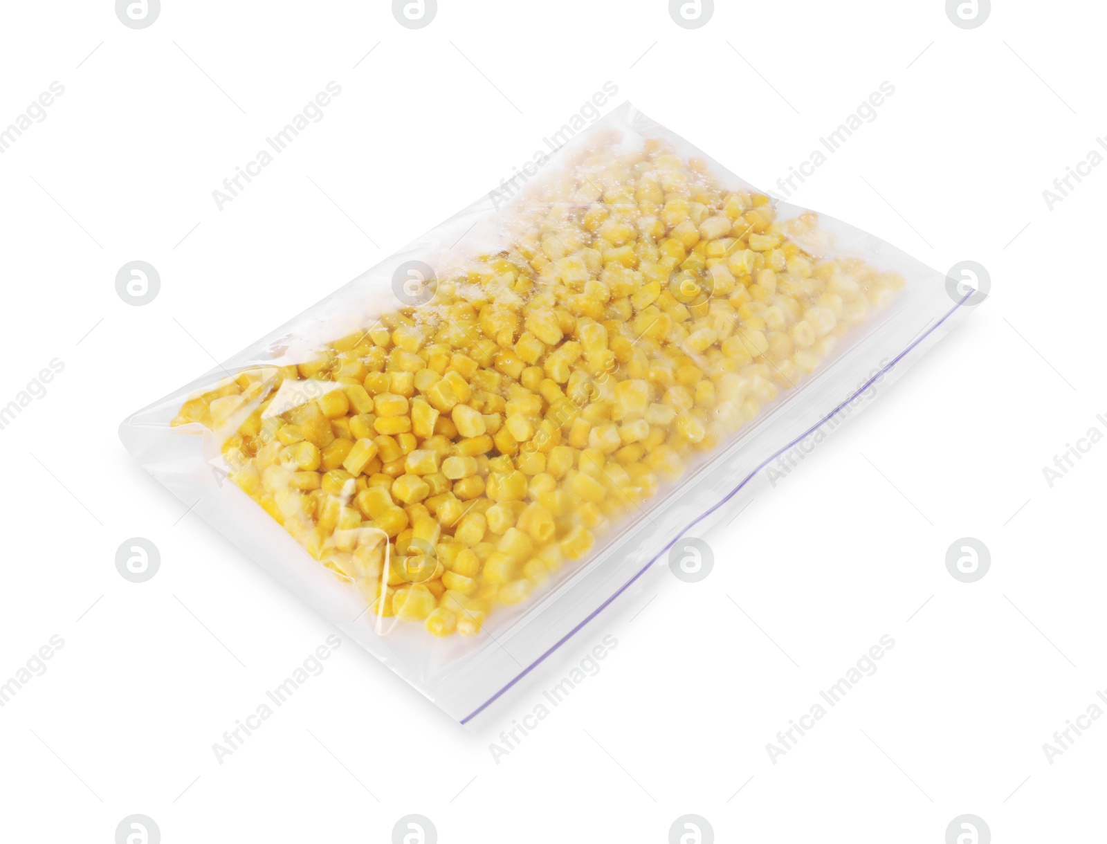 Photo of Frozen corn kernels in plastic bag isolated on white