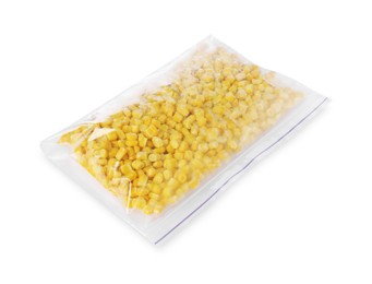 Photo of Frozen corn kernels in plastic bag isolated on white